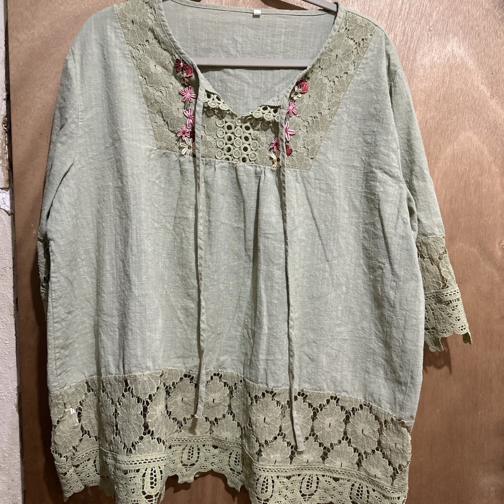 Womens 4XLBoho Tunic Top Embroidered Lace Peasant Blouse Light Olive 3/4 Sleeve
